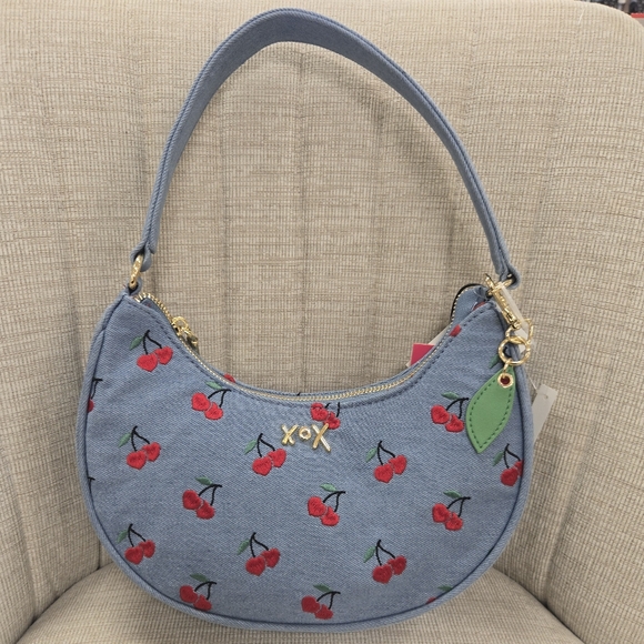 Handbags - Betsey Johnson Cherry Denim Crescent Shoulder Handbag